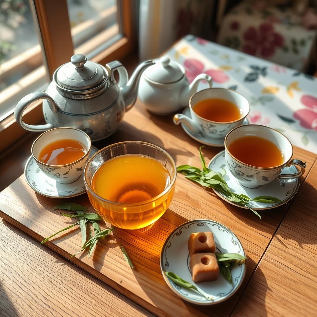 A beautifully arranged tea set featuring 'Niyousha' tea, including a delicate teapot and elegant teacups on a wooden table