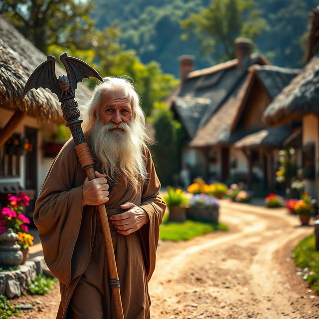 An elderly wise man with a long white beard and wise, gentle eyes, walking slowly along a dirt road in a quaint village