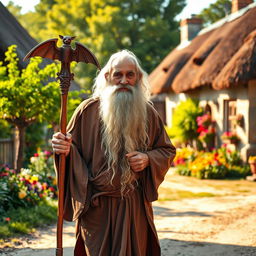 An elderly wise man with a long white beard and wise, gentle eyes, walking slowly along a dirt road in a quaint village