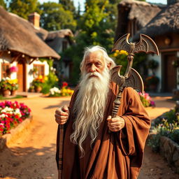 An elderly wise man with a long white beard and wise, gentle eyes, walking slowly along a dirt road in a quaint village