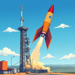 A detailed and realistic illustration of a rocket taking off from a launch pad