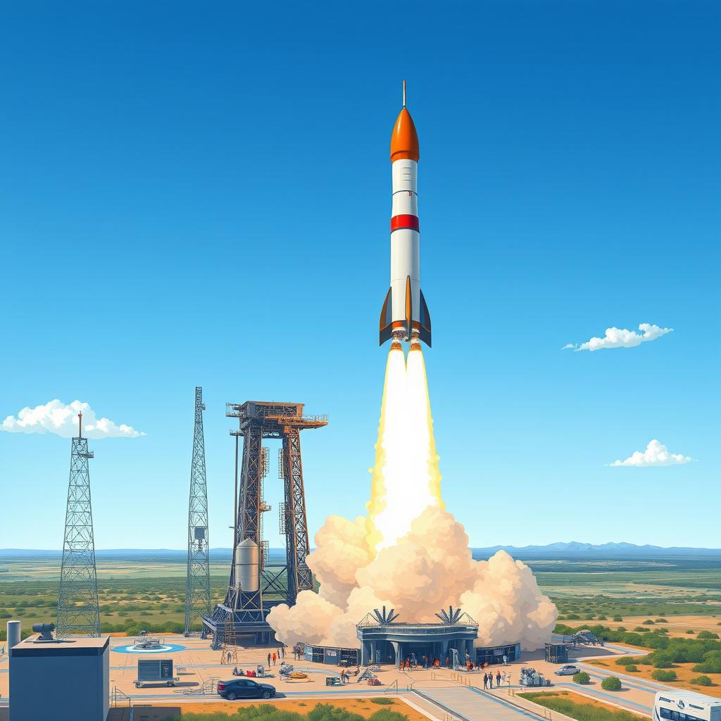 A detailed and realistic illustration of a rocket taking off from a launch pad