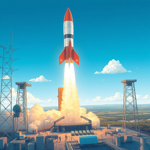 A detailed and realistic illustration of a rocket taking off from a launch pad