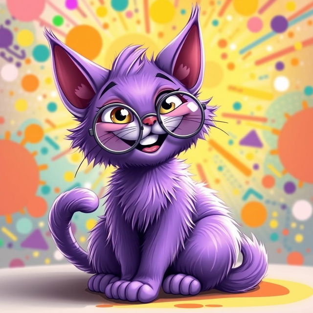 A whimsical, cartoonish purple cat sitting in a playful pose with a wide grin, large expressive eyes, and oversized ears