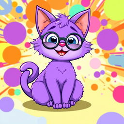 A whimsical, cartoonish purple cat sitting in a playful pose with a wide grin, large expressive eyes, and oversized ears