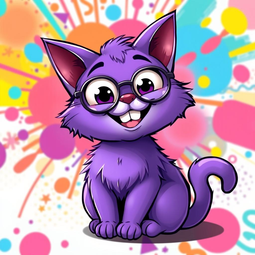 A whimsical, cartoonish purple cat sitting in a playful pose with a wide grin, large expressive eyes, and oversized ears