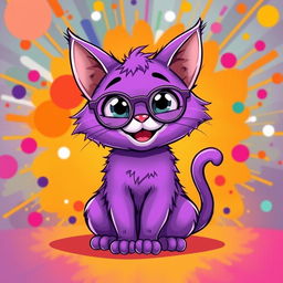 A whimsical, cartoonish purple cat sitting in a playful pose with a wide grin, large expressive eyes, and oversized ears
