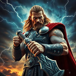 A powerful depiction of Thor, the Norse god, gripping his legendary weapon Mjölnir with intense focus and strength