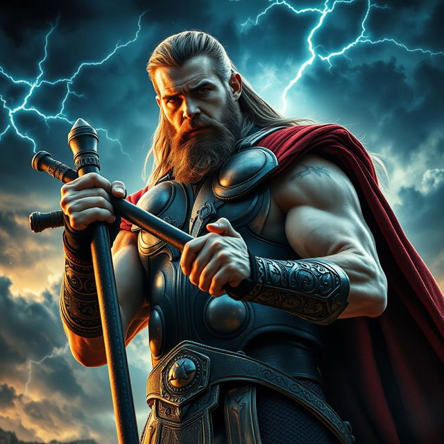 A powerful depiction of Thor, the Norse god, gripping his legendary weapon Mjölnir with intense focus and strength