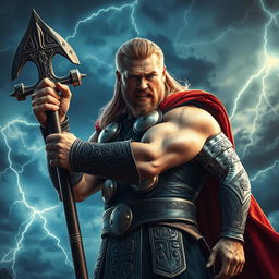 A powerful depiction of Thor, the Norse god, gripping his legendary weapon Mjölnir with intense focus and strength