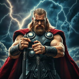 A powerful depiction of Thor, the Norse god, gripping his legendary weapon Mjölnir with intense focus and strength