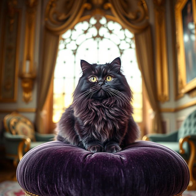 A beautiful Persian cat with a stunning purple coat, sitting gracefully on a luxurious velvet cushion