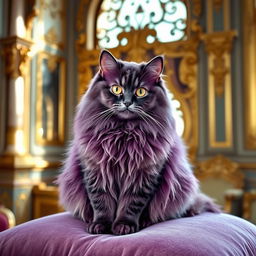 A beautiful Persian cat with a stunning purple coat, sitting gracefully on a luxurious velvet cushion