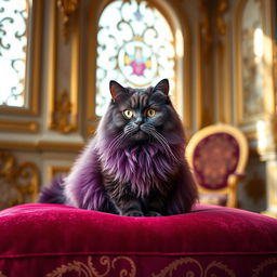 A beautiful Persian cat with a stunning purple coat, sitting gracefully on a luxurious velvet cushion