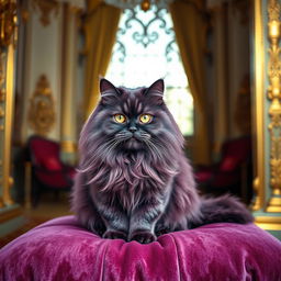 A beautiful Persian cat with a stunning purple coat, sitting gracefully on a luxurious velvet cushion