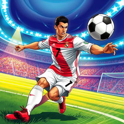A dynamic, action-packed illustration of Cristiano Ronaldo on the soccer field, wearing his iconic jersey with the number 7