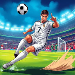A dynamic, action-packed illustration of Cristiano Ronaldo on the soccer field, wearing his iconic jersey with the number 7