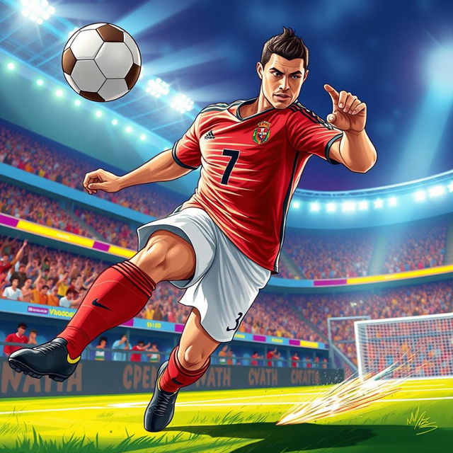 A dynamic, action-packed illustration of Cristiano Ronaldo on the soccer field, wearing his iconic jersey with the number 7