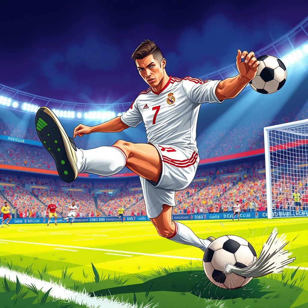 A dynamic, action-packed illustration of Cristiano Ronaldo on the soccer field, wearing his iconic jersey with the number 7