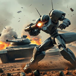 A battle robot firing at a tank in a futuristic battlefield scene, showcasing the robot's advanced weaponry and sleek metallic design