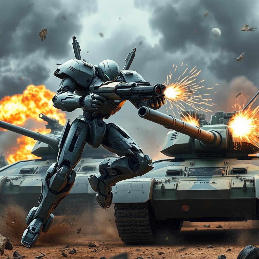 A battle robot firing at a tank in a futuristic battlefield scene, showcasing the robot's advanced weaponry and sleek metallic design