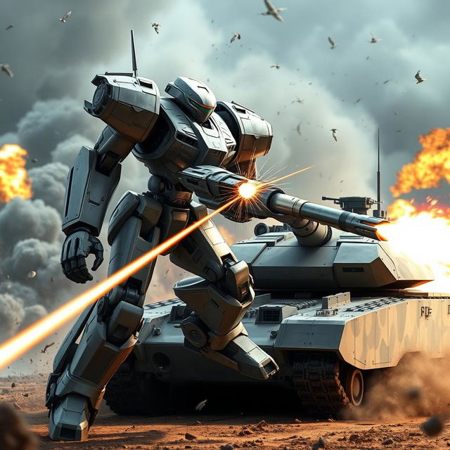 A battle robot firing at a tank in a futuristic battlefield scene, showcasing the robot's advanced weaponry and sleek metallic design