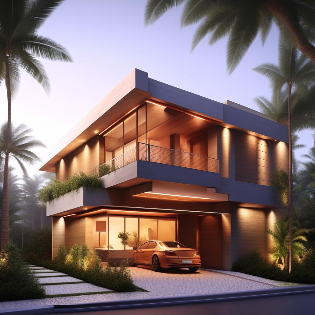 Design a beautiful three-story building on a 100ft x 30ft plot. Features include a garage on the right side of the building with a staircase inside, all using modern architectural style.