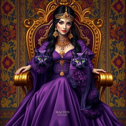 A majestic Persian queen seated gracefully on an ornate throne, adorned in elaborate golden jewelry and a stunning purple gown