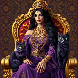 A majestic Persian queen seated gracefully on an ornate throne, adorned in elaborate golden jewelry and a stunning purple gown