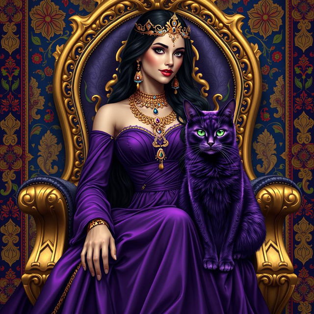 A majestic Persian queen seated gracefully on an ornate throne, adorned in elaborate golden jewelry and a stunning purple gown