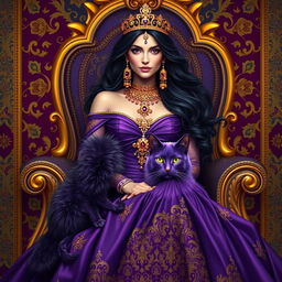 A majestic Persian queen seated gracefully on an ornate throne, adorned in elaborate golden jewelry and a stunning purple gown