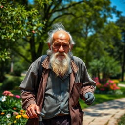 A very old man walking slowly with a cane, wearing weathered clothing that reflects his age and experiences