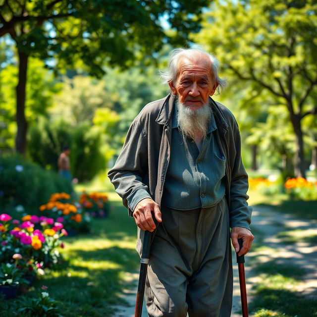 A very old man walking slowly with a cane, wearing weathered clothing that reflects his age and experiences