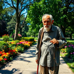 A very old man walking slowly with a cane, wearing weathered clothing that reflects his age and experiences