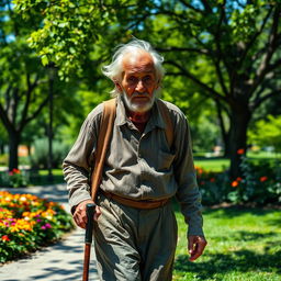 A very old man walking slowly with a cane, wearing weathered clothing that reflects his age and experiences
