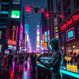 A cyberpunk cityscape at night, illuminated by neon signs and holographic advertisements