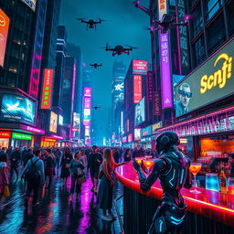 A cyberpunk cityscape at night, illuminated by neon signs and holographic advertisements