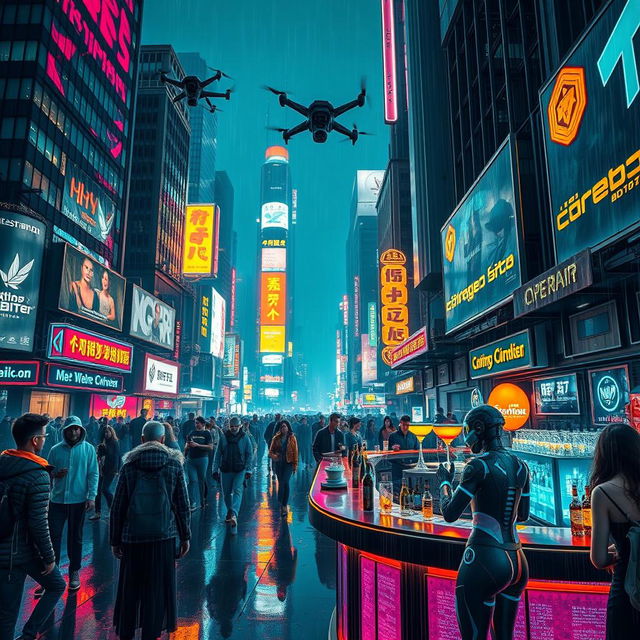 A cyberpunk cityscape at night, illuminated by neon signs and holographic advertisements