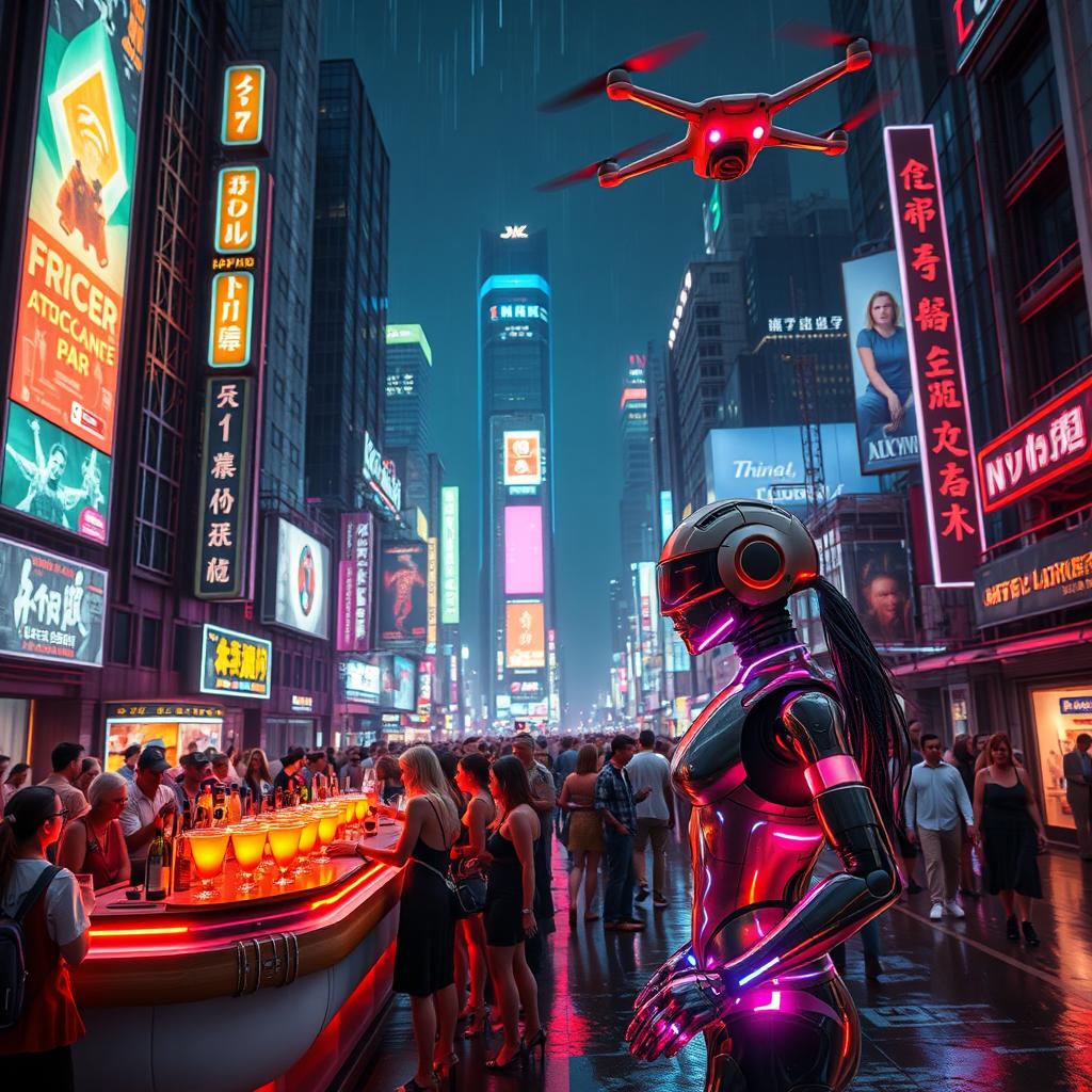 A cyberpunk cityscape at night, illuminated by neon signs and holographic advertisements