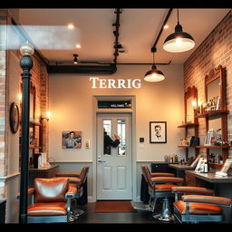 A stylish barbershop interior named 'Terrig' featuring a modern and inviting design
