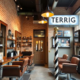 A stylish barbershop interior named 'Terrig' featuring a modern and inviting design
