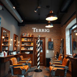 A stylish barbershop interior named 'Terrig' featuring a modern and inviting design