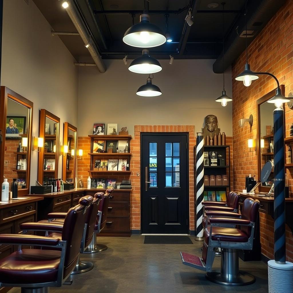 A stylish barbershop interior named 'Terrig' featuring a modern and inviting design