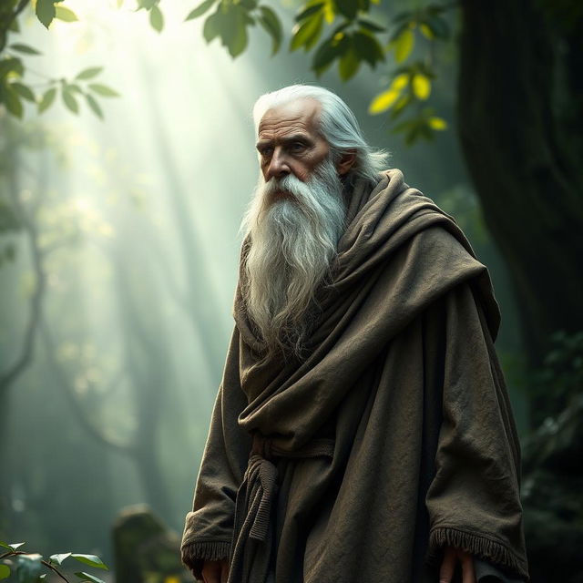 An elderly man with a long white beard, dressed in a weathered, oversized cloak, strolling through a misty forest