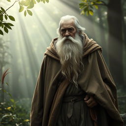 An elderly man with a long white beard, dressed in a weathered, oversized cloak, strolling through a misty forest