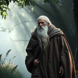 An elderly man with a long white beard, dressed in a weathered, oversized cloak, strolling through a misty forest