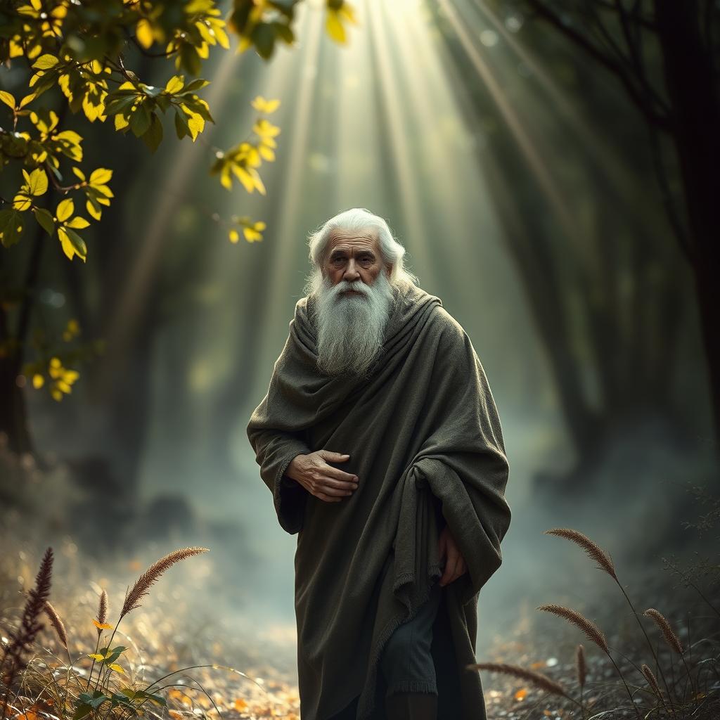 An elderly man with a long white beard, dressed in a weathered, oversized cloak, strolling through a misty forest