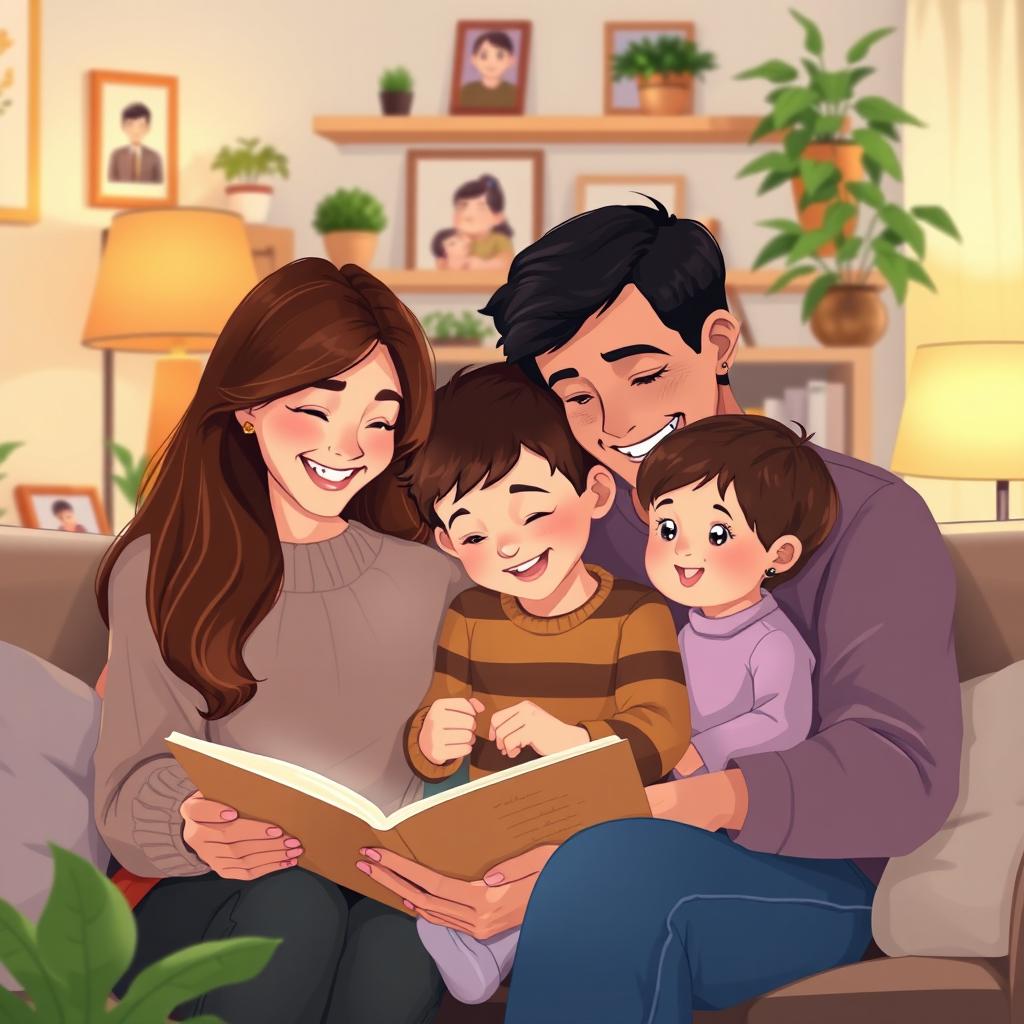 A loving family scene illustrating parents interacting with their child in a cozy living room