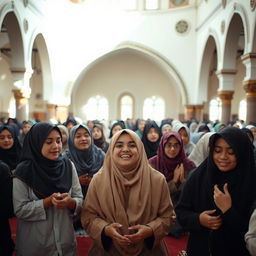 A serene mosque interior filled with young women in hijabs joyfully participating in a group prayer