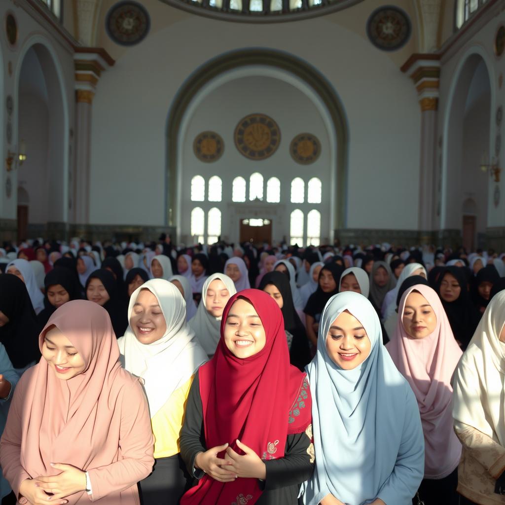 A serene mosque interior filled with young women in hijabs joyfully participating in a group prayer